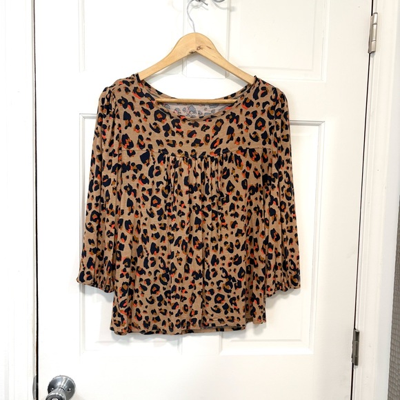 LOFT Tops - LOFT Womens Leopard Print Babydoll Top Blouse Tan/Navy/Orange 3/4 Blouson Sleeve